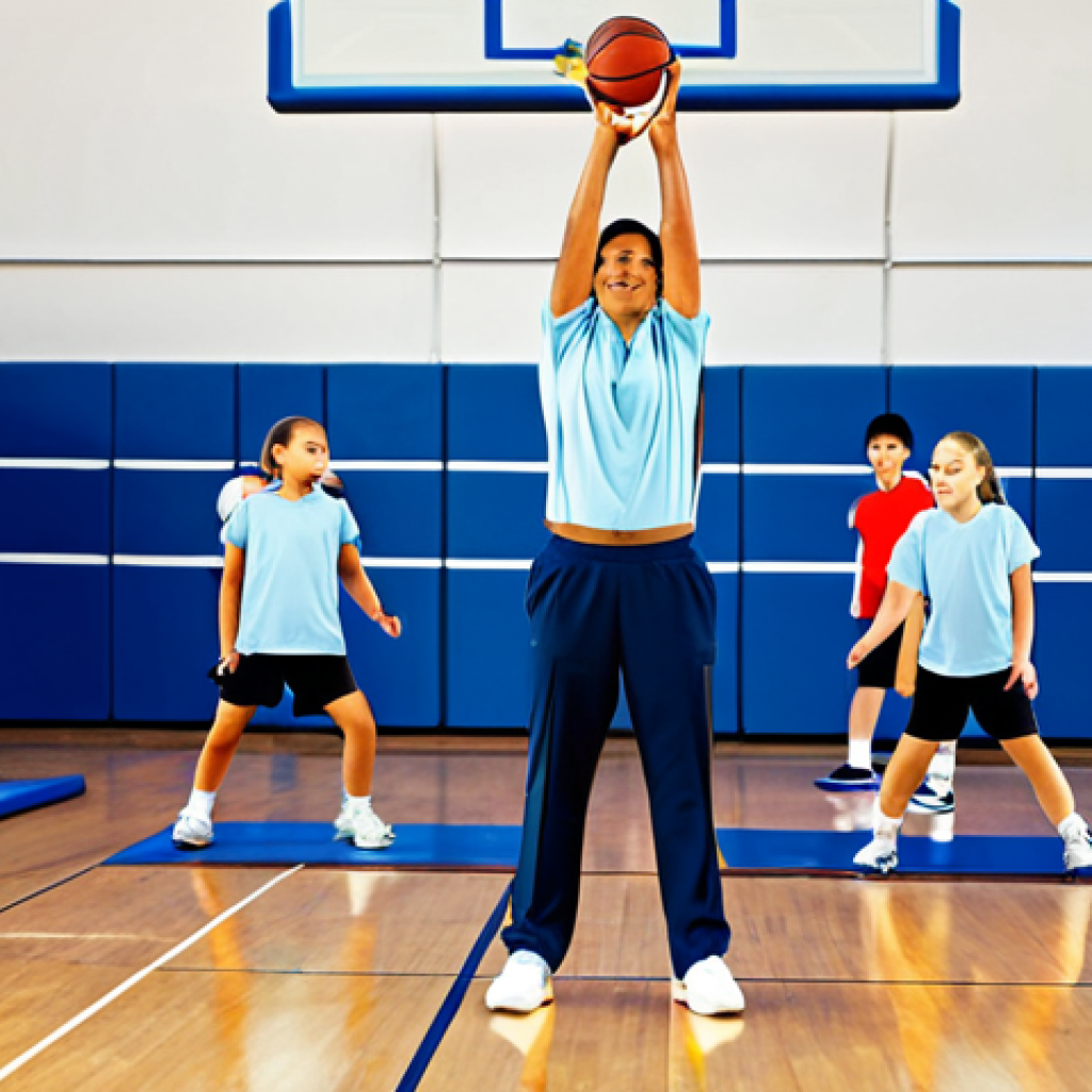 이미지 1:** A dedicated physical education teacher, fully clothed in appropriate athletic wear, guides students in a safe and fun exercise routine in a school gymnasium. Safe for work, appropriate content, professional, family-friendly, perfect anatomy, natural pose.