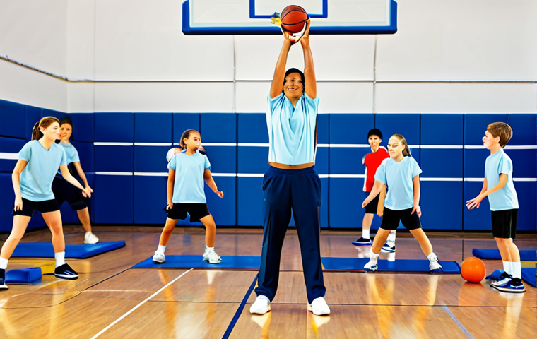 이미지 1:** A dedicated physical education teacher, fully clothed in appropriate athletic wear, guides students in a safe and fun exercise routine in a school gymnasium. Safe for work, appropriate content, professional, family-friendly, perfect anatomy, natural pose.