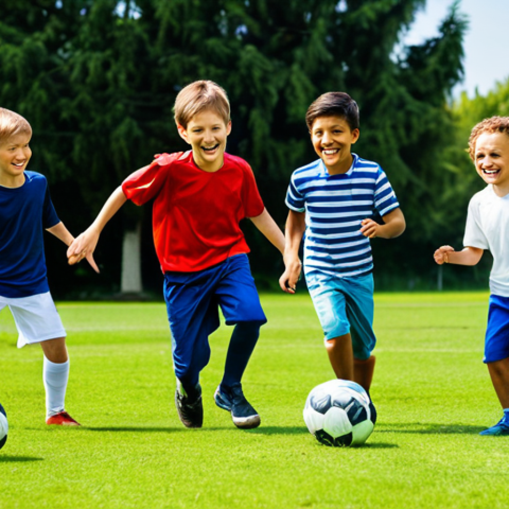 **

A group of fully clothed children playing football in a park, appropriate attire, safe for work. Sunny day, green grass, trees in the background. The children are smiling and energetic, perfect anatomy, natural pose, correct proportions, well-formed hands, proper finger count. Family-friendly, professional photography, high quality, modest clothing.

**