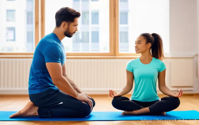 생활체육지도사 윤리 강령 - **Prompt: A professional female lifecycle sports coach and her male trainee are in a modern, well-li...