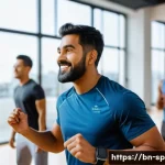 생활체육지도사 필수 역량과 기술 - A professional Bengali male fitness instructor leading a diverse group fitness class in a bright, mo...