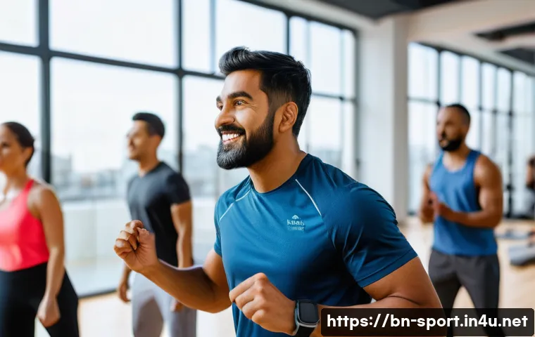 생활체육지도사 필수 역량과 기술 - A professional Bengali male fitness instructor leading a diverse group fitness class in a bright, mo...